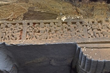 deep relief carving at lonad caves, maharashtra, india 