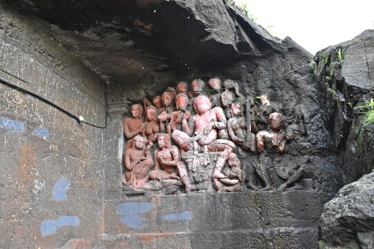 sculpture and carving at lonad caves , thane city . maharashtra state , india 
