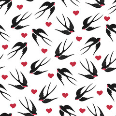 Seamless spring pattern with swallows and hearts. Illustration for Valentine's Day. Vector image in a flat style