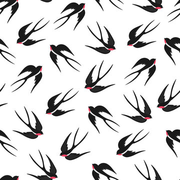 Seamless pattern with swallows in the sky. Spring seamless pattern with birds. Vector image in a flat style