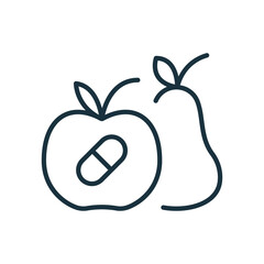 Synthetic Food Line Icon. Additive Table, Pills, Vitamins Artificial Chemical Fruit Concept Linear Pictogram. Unnatural Cultured Nutrition Outline Icon. Editable Stroke. Isolated Vector Illustration