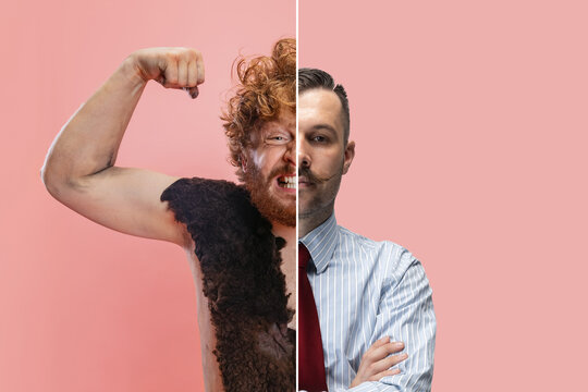 Collage of two men, neanderthal person and businessman, office employee isolated over pink background. Half-face