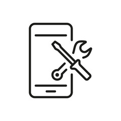 Setting Up Applications on Mobile Phone Line Icon. Service of Software Smartphone Linear Pictogram. Configuration and Technical Support of Cell Phone. Editable stroke. Vector Illustration