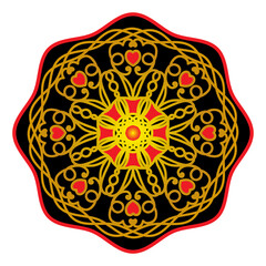 isolated circular gold pattern with hearts. black and red decorative element of the ornament. khokhloma. bright colorful print.