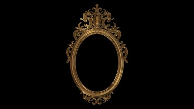 Gold antique oval picture or mirror frame, richly decorated 3D looping animation with alpha matte. Front view, gently moving lights and reflections. 