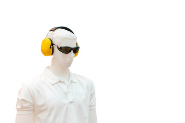 Manikin model operator wear industrial personal safety equipment glasses earplug muff isolated on white background with clipping path