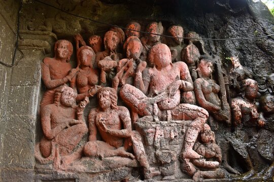 sculpture and carving at lonad caves , than city . maharashtra state , india 