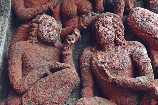 sculpture and carving at lonad caves , than city . maharashtra state , india 