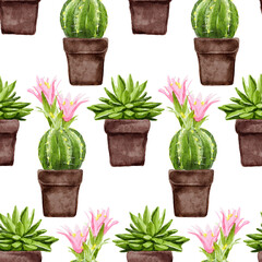 Seamless Watercolor Pattern With Cactus In Ceramic Pot