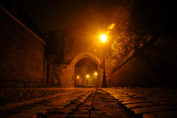 Illuminated cobbled street in an old town with light reflections on cobblestones, large archway - Powered by Adobe