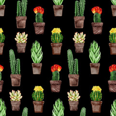 Seamless Watercolor Pattern With Cactus In Ceramic Pot