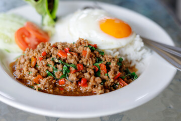 Thai Food Stir Fried Pork with Basil Leaves Popular food in Thailand.