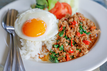 Thai Food Stir Fried Pork with Basil Leaves Popular food in Thailand.
