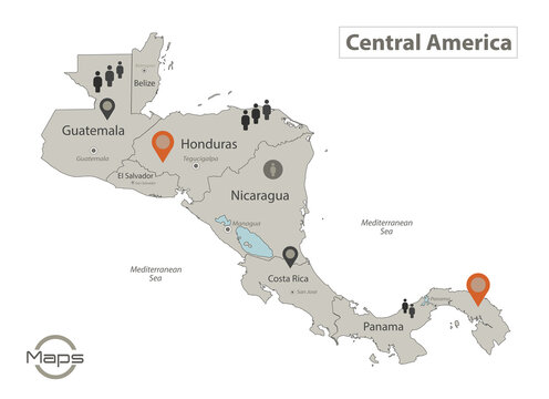 Central America map, individual states with names, Infographics and icons vector
