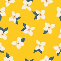 Beautiful vintage pattern. White flowers and blue leaves . Yellow background. Floral seamless background. An elegant template for fashionable prints.
