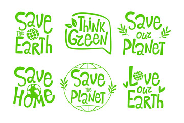 Set of hand drawn green inscriptions love our planet, take care, save. Design for greeting cards, posters, t-shirts, banners, invitations for printing. Vector illustration of a message