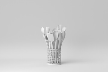 Stainless steel cutlery Holder with wooden spoons and forks on white background. minimal concept. 3D render.