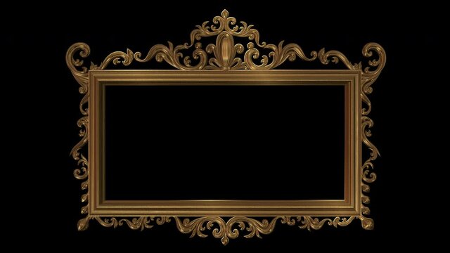 Gold antique rectangular picture or mirror frame, richly decorated 3D looping animation with alpha matte. Front view, gently moving lights and reflections.
