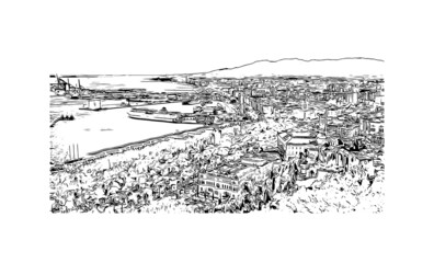 Building view with landmark of Malaga is the 
municipality in Spain. Hand drawn sketch illustration in vector.