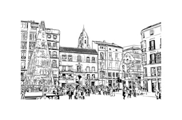 Obraz premium Building view with landmark of Malaga is the municipality in Spain. Hand drawn sketch illustration in vector.