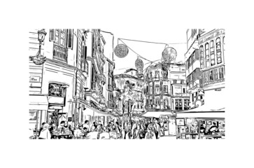 Building view with landmark of Malaga is the 
municipality in Spain. Hand drawn sketch illustration in vector.