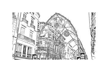 Building view with landmark of Malaga is the 
municipality in Spain. Hand drawn sketch illustration in vector.