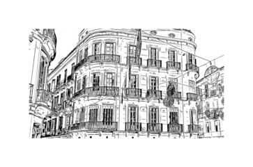 Building view with landmark of Malaga is the 
municipality in Spain. Hand drawn sketch illustration in vector.
