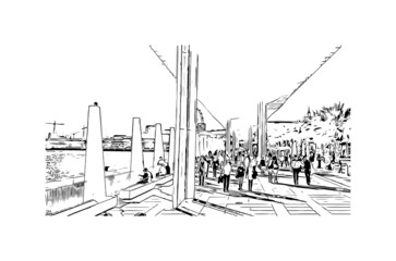 Obraz premium Building view with landmark of Malaga is the municipality in Spain. Hand drawn sketch illustration in vector.