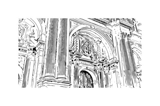 recommend clip art: Building view with landmark of Malaga is the 
                    municipality in Spain. Hand drawn sketch illustration in vector.