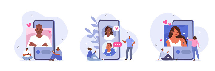 Online dating illustration set. Characters using dating and social media app and liking potential partners profiles. Single woman and man looking for relationship. Vector illustration.
