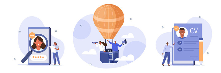 
Hiring illustration set. Hr managers flying on air balloon, searching job candidate and reading CV. Character applying for work position. Job recruitment process concept. Vector illustration.