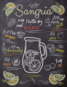 Sangria Rezept auf Kreidetafel. Cocktail Rezept, druckbare Kunst. Spanische Spezialit&auml;t.
