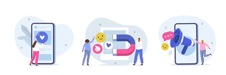 Social media marketing illustration set. Characters communicating with audience on social media platform and using marketing strategy to increase followers. Vector illustration.