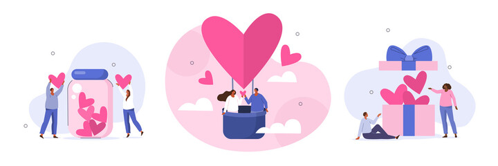 Valentines day set. Characters greeting each other and presenting romantic valentines hearts and gifts. Couples in love. Vector illustration.
