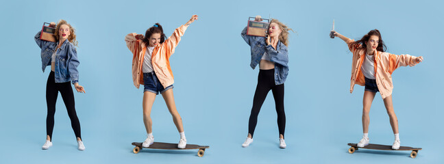 Collage with two stylish retro girls wearing 90s fashion style, outfit isolated over blue studio...