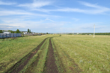 Dirt road through a green field near the village