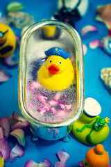 Rubber duck in the bathtub, colorful background with shells, rose petals and other rubber ducks,...