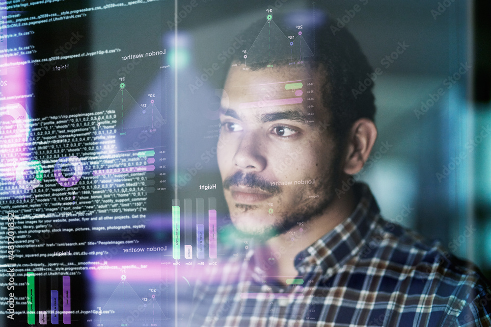 Poster Testing his code. Cropped shot of a young computer programmer looking through data.