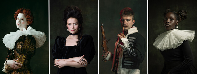 Set of young people in image of historical, medieval persons in vintage clothing on dark background. Concept of comparison of eras, modernity. - obrazy, fototapety, plakaty
