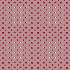 Red and white 5 pointed stars forming  striped texture on greyish red background. Abstract seamless vector pattern. Independence day geometric background suitable for prints and decoration.