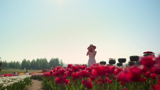Beautiful park with flowers and girl taking photos. Woman walking in tulip field
