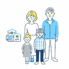 家の前で立っている子供2人のいる若い家族