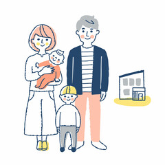 家の前で立っている子供2人のいる若い家族