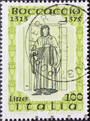 Italy - circa 1975: a postage stamp from Italy showing a picture of the writer, democrat, poet Giovanni Boccaccio with robe and book