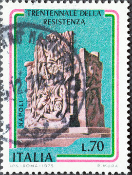 .Italy - circa 1975: a postage stamp from Italy showing a monument to the Italian Resistance Movement. "Four Days of Naples" by Marino Mazzacurati