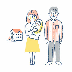 家の前で立っている若い夫婦と赤ちゃん