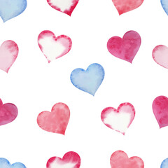 Watercolor painted hearts seamless pattern. Color background for valentines day. Vector