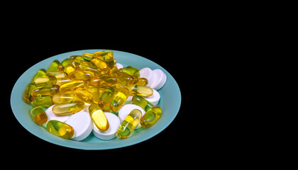 Medicines. Composition from tablets on a dark background. Background, design.