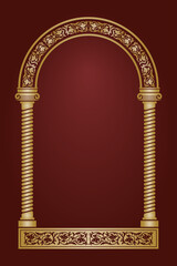 Vintage byzantine gold frame with pillars on a burgundy background. - obrazy, fototapety, plakaty