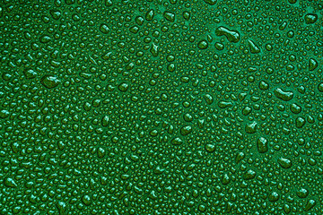 Drops, drips, blobs, beads, dribbles of water on the green brilliant surface. Monochrome macro or closeup background or texture